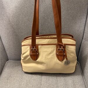Etienne Aigner Cream Canvas Shoulder Bag with Brown Leather Trim